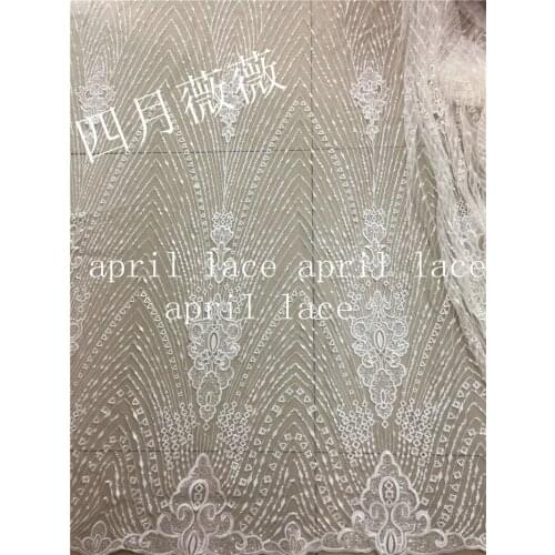 5 yards /lot A1396 top best quality offwhite ivory sequin mesh new design embroidery lace fabric for wedding dress
