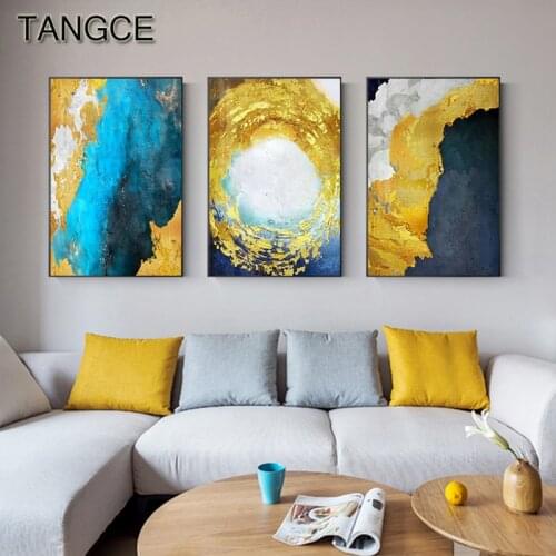 Abstract Luxury Gold Blue Painting Popular Hand Painted Texture Print Big Wall Picture for Living Room Nordic Blue White Poster