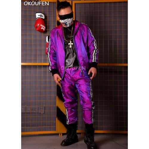 Customized Cool Fashion Purple Colorful Jacket Costumes Nightclub Bar Singer baseball Set party stage show dance dress