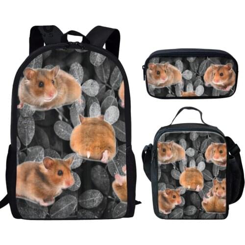 Creative Schoolbag 3Pcs Djungarian Hamster On Black 3D Printing Kids Presents Outdoor Indoor Dual-use Black Backpack