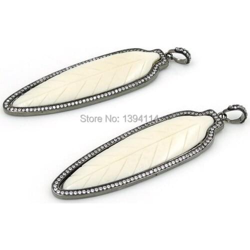 Micro Pave Clear CZ Crystal Carved Ox Bone Leaf Pendants Black Gun Plated Approx 70*22*4mm