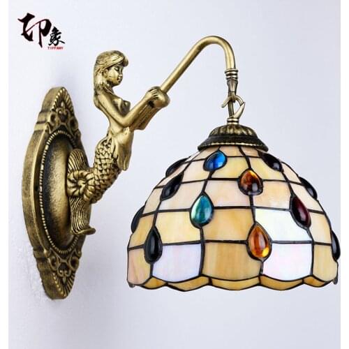 Fashion tiffany Mediterranean Mermaid mirror light fashion rustic wall lamp bed lamps