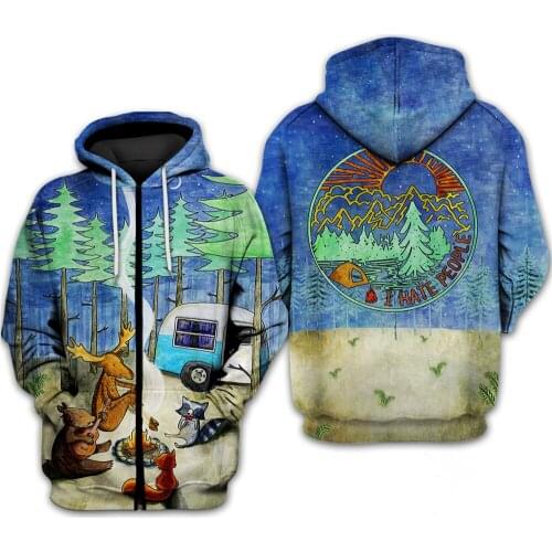 Blue sky green forest cartoon animal camping zipper hooded sweatshirt