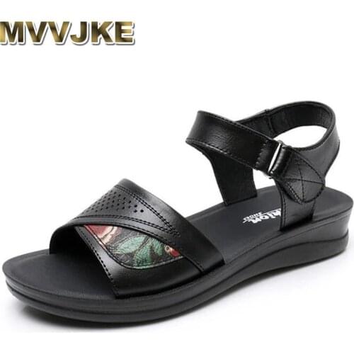 MVVJKENew Hollow Printing Genuine Leather Sandals Fashion Casual Sandals Summer Mom Sandals Comfortable Flat Women Sandal Shoes