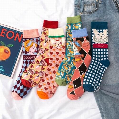 New Ins Harajuku Women Cute Funny Happy Socks Fine paragraph Diamond Pattern Argyle Cartoon Cotton Socks Art Crew Fashion Lovely