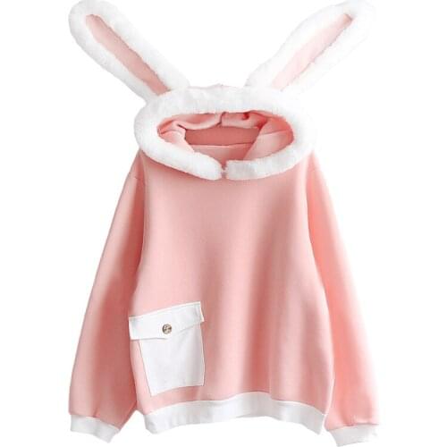 Autumn Winter Kawaii Plush Rabbit Long Ears Hooded Sweatshirts Women Pink kawaii cute Hoodies Casual Pocket sweet Pullovers Top