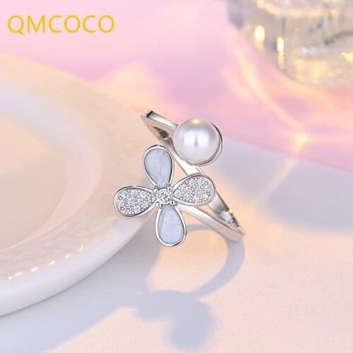 QMCOCO Zircon Flower Ring Korean INS Four-Leaf-Clover Open Adjustable 925 Silver Ring Send Girlfriend Fine Jewelry Accessories