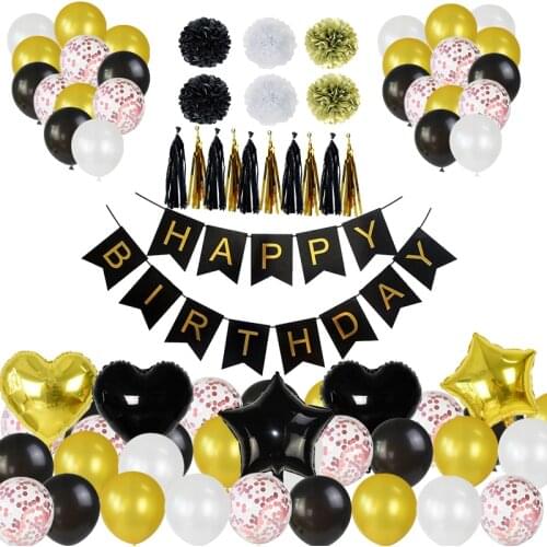 65Pcs Happy Birthday Banner Confetti Latex Balloons Star Foil Balloons Paper Pom Poms Tassels for Party Decorations Kit