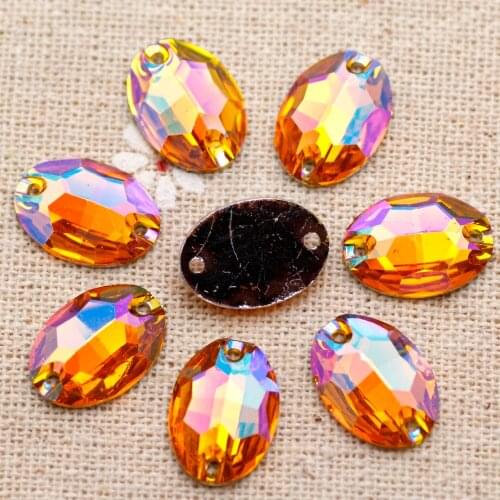 100pcs 11*15mm Sew on Rhinestones Gold ab Oval Resin Silver Flatback DIY Stones With 2 holes For Dress Garment Decoration