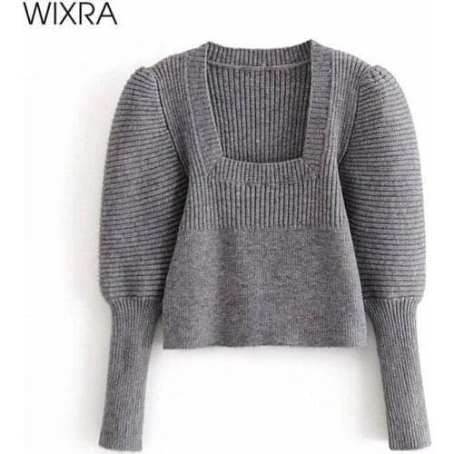 Wixra Womens Sweaters New Fashion Square Collar High Street Puff Sleeve Autumn Winter Pullovers Tops Femme Party Jumpers