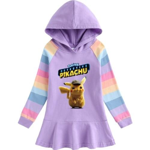 Takara Tomy Pokemon Go Autumn Girls Hoodies Dress Cartoon Ruffle Dress Cotton Kids Clothes Childrens Dresses Pikachu Clothing