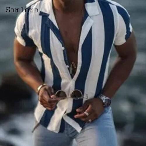 Samlona Plus Size Men Fashion Stripes Beach Shirt Short Sleeve Blouses Sexy Mens clothing 2021 Single Breasted Top Streetwear