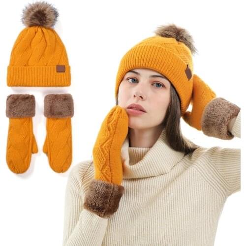 2020 NEW Women Winter Pompom Beanie Hat Gloves Set Thick Faux Fleece Lined Warm Cable Knit Cuffed Skull Cap Mittens