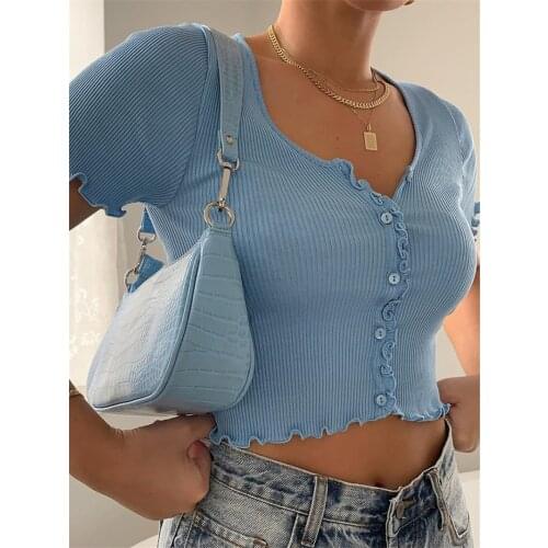 Summer New Sexy Women Cardigan V-neck T-shirt Short Sleeve Ruffle T-shirts Clubwear Buttons Bodycon Frilly Solid Color Crop Tops