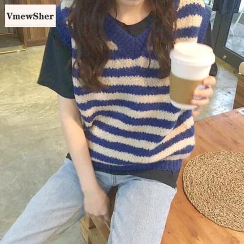 VmewSher New Blue Women Striped Sweater Vest Korean Style Sleeveless Knitted V-Neck Elegant Jumper Tops Casual Fashion Pullovers