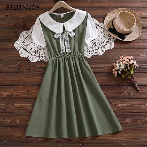 Green Dresses Women Kawaii Peter Pan Collar With Lace Bowknot Sweet Cute Streetwear Puff Sleeve Preppy Style Summer Outfits