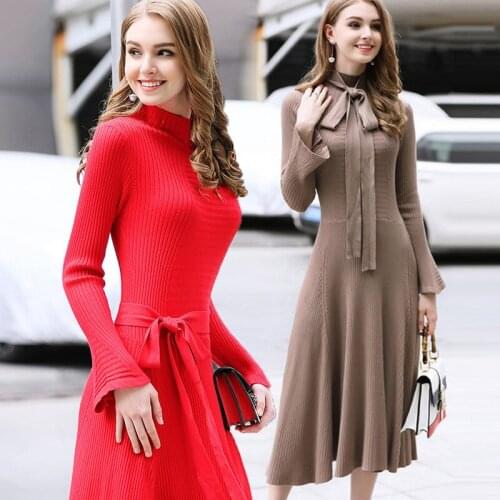 Women Turtleneck Knitted Dress Sexy Slim Solid Flare Sleeve Dresses Autumn Winter Ladies Party Club Bodycon Robe Elegant Dresses