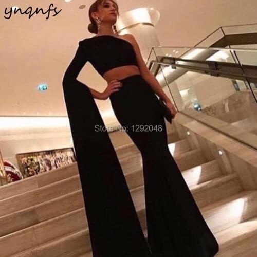 YNQNFS E30 Vestido de Festa Stretch Jersey One Shoulder Mermaid Two Piece Black Evening Dress One Long Sleeve 2019