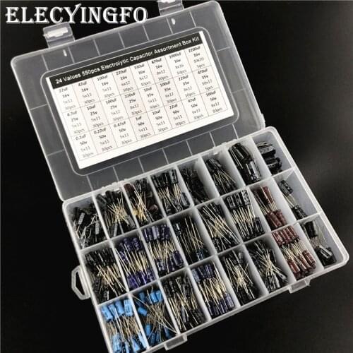 24 values 550pcs 16V/25V/35/50V (0.1uF to 2200uF) mix Electrolytic capacitor Assorted kit with box