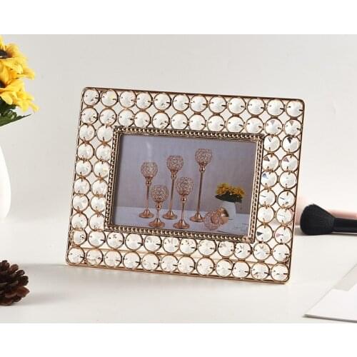 6" Crystal Beaded Photo Frame Bridal Favor Metal Wrought Iron Decorative Frames Stand Photo Display Decor Rectangle Gold Silver