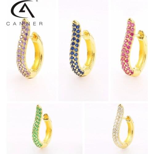 CANNER 1Pcs Luxury Zircon Round Earrings For Women 925 Silver Huggie Piercing Circle Hoop Earrings For Girl Party Jewelry Gifts