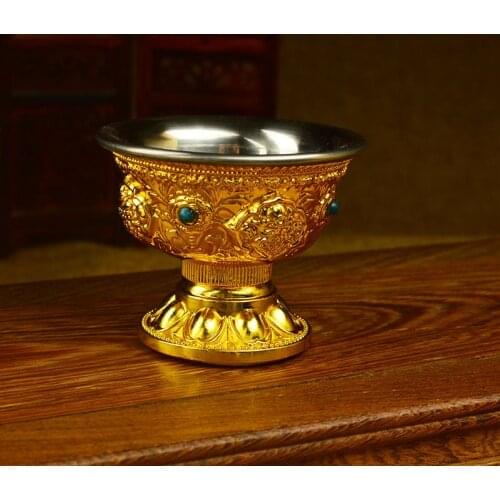 Gild Water Offering Cup, Stainless Steel Inner, Eight Cups Each Box, Diameter About 8cm, Buddha Supplies, for Buddha-Worship