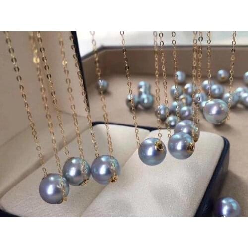 D1207 Pearl Necklace Fine Jewelry Solid 18K Gold Round 7-8mm Fresh Water Rose Blue Pearl Necklaces for Women Fine Presents