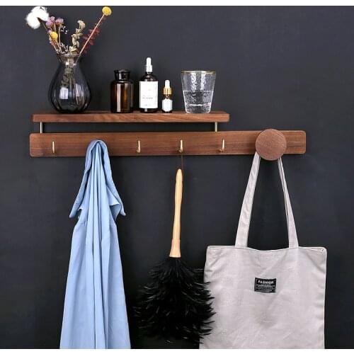 Nordic Black Walnut Towel Rack Wooden Wall-mounted Storage Holder Brass Hooks Bathroom Shelf Organizer Home Restaurant Decor