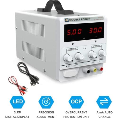 DC Power Supply 30V 10A Adjustable Switching Regulated DC Bench Linear Power Supply with Alligator Leads 3 LED Digital Display