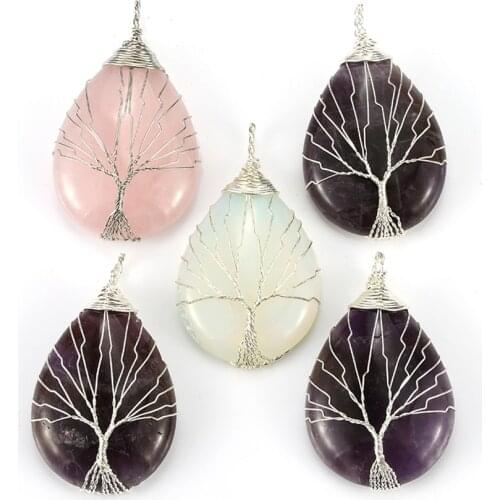 KFT Silver Plated Handmade Wire Wrapped Amethysts Water Drop Rose Pink Quartz Pendant Opal Jewelry For Women Men