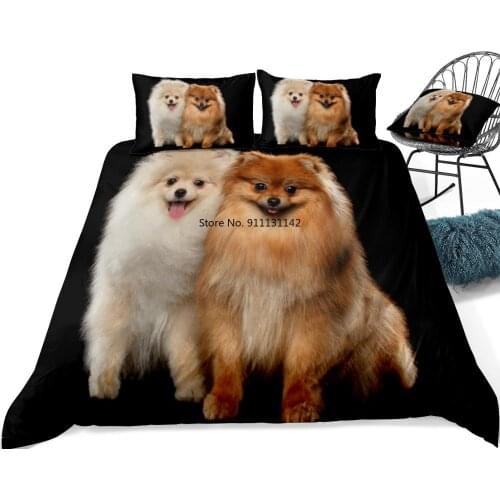 3D Cute White and Red Pomeranian Duvet Cover Set Dog Bedding Kids Boys Girls Black Background Pet Quilt Cover Queen Dropship