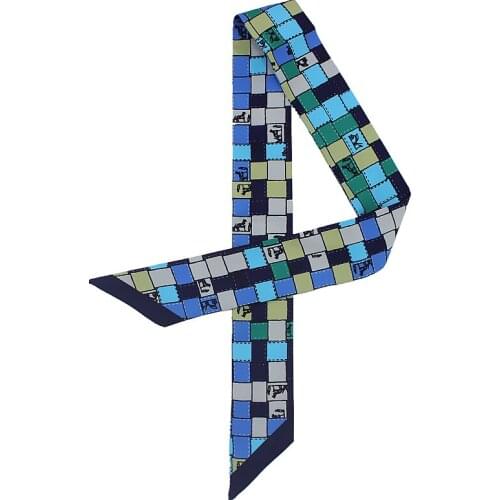 POBING Fashion Horse Plaid Print Silk Scarf Women Head Scarf Brand Small Tie Handle Bag Ribbon Long Scarves Female Wraps 100*5CM