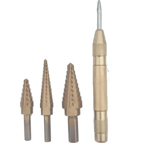 Triangle handle step drill set pagoda drill bit open hole reaming center punch four piece set 4241 6/9/13 order and punch drill