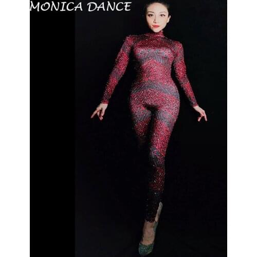 Nightclub Sparkly Red Rhinestones Spandex Jumpsuit Elastic Skinny Bodysuit Stones Leotard Stage Wear Party Singer Dancer Costume