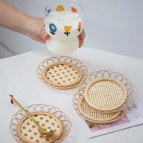 Rattan Coaster Retro Exquisite Bamboo Flower Shaped Coffee Boho Coasters