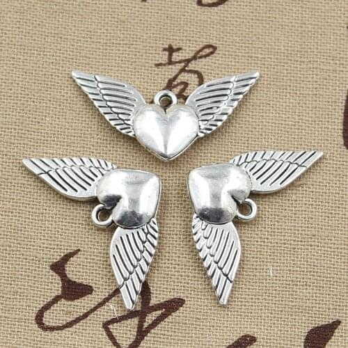6pcs Charms Winged Flying Heart 25x12mm Antique Silver Color Plated Pendants Making DIY Handmade Tibetan Finding Jewelry