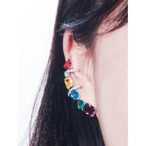 QooLady High Quality Yellow Red Fashion Cubic Zirconia Ear Cuff Clip On Half Round Design Long Stud Earrings for Women E019