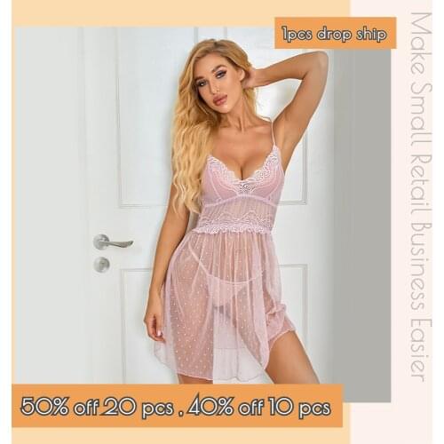 Pink Sexy Mesh Night Dress Polka Dot Wedding Sleepwear Women Lingerie Wholesale Lace Robe de Nuit CT 6071R