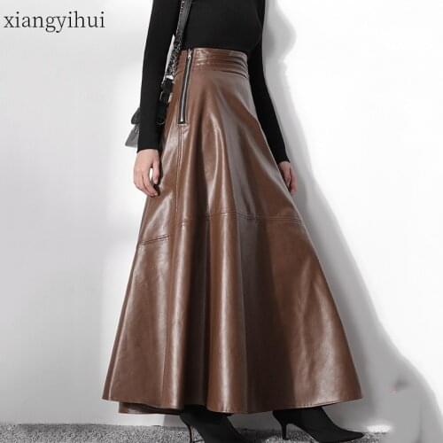 Brown Vintage Side Zipper Pu Leather Long Skirt Women Fashion Streetwear 2020 Autumn Winter High Waist Maxi Skirts Female Bottom
