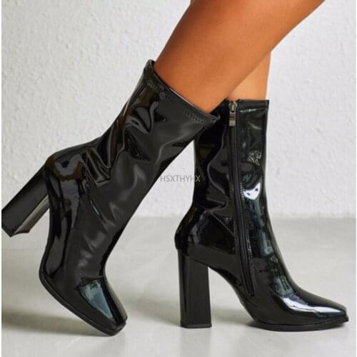 Winter Square Head Killer Booties Womens Shoes British High Heel Mid Boots Womens Boots Single Boots Size 35-42 Womens Boots