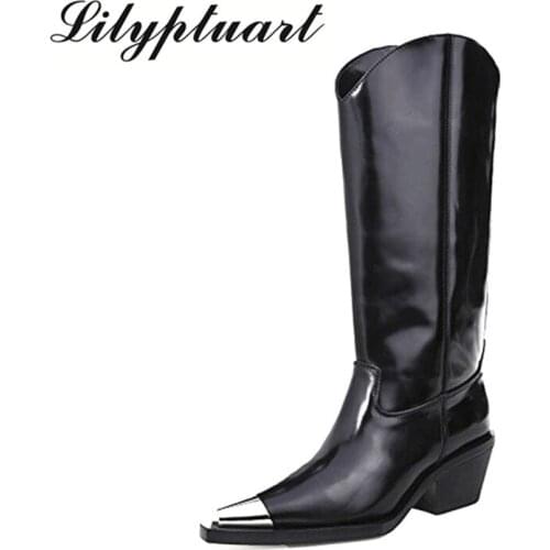 2019 European and American style cowhide material metal decorative booties pointed sets of feet closed fashion boots women
