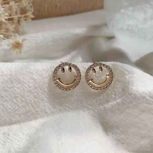 925 Sterling Silver Hollow Smiling Face Stud Earrings For Women Shiny Zircon Simple Small Fashion Jewelry S-E1183