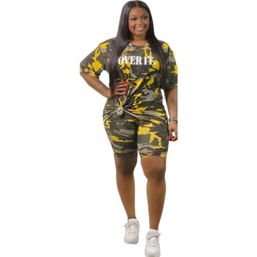 Plus Size Two Piece Sets 2 Piece Short Set Women 2021 Summer Two Piece Set Camouflage Letter Tracksuit Gym Sport Set Sweat Suits