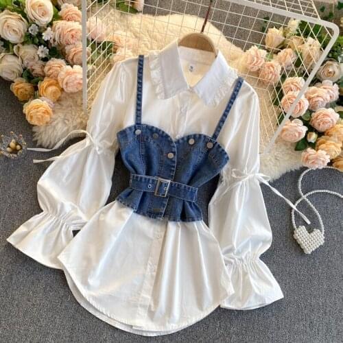 2021 Summer Womens Suit Korean Style Puff Sleeve Loose Wild Denim Camisole Two-piece New Waist Female Casual Sets