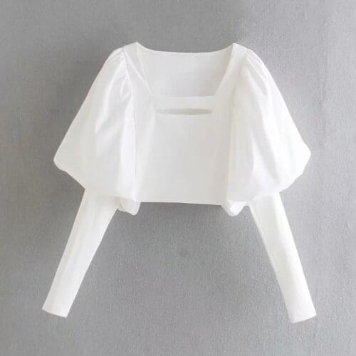 TRAF Za White Crop Top Female Fashion Cut Out Blouses Women Summer Patchwork Puff Sleeve Chic Woman Blouse 2021 Elegant Blouses
