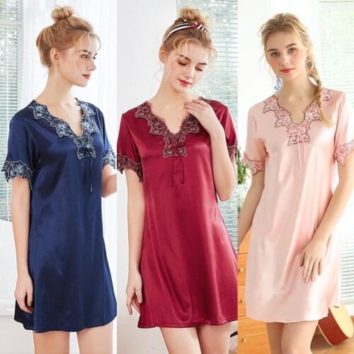 Women Short Sexy Lace Nightwear Silk Sleepwear Solid Short Sleeve Sleepshirts Satin Nightdress Lingerie Night Wear Dress Gown