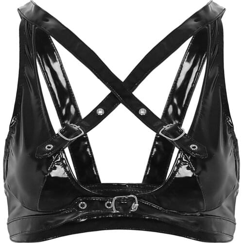 Women Wet Look Lingerie Faux Leather Crop Top Wire-free Unlined Bra Top with Buckle Strap Club Party Rave Sexy Bralette Tops