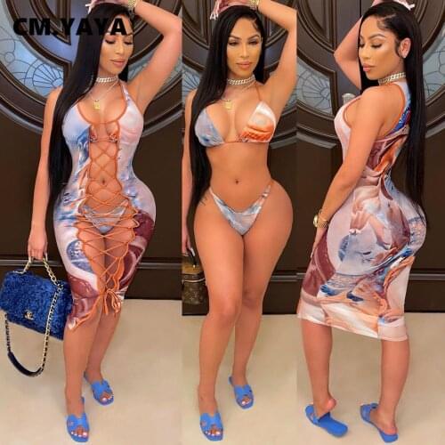 CM.YAYA Lace Up Hollow Out Midi Dress for Women Sexy Club Party Sleeveless Angel Print with Inner Bandage Bodycon 3pcs Dresses