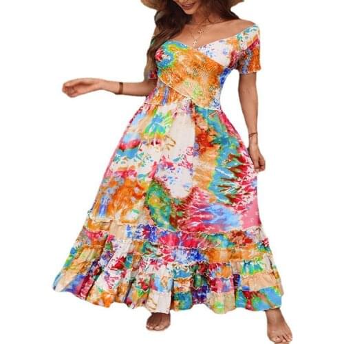 French Elegant Print Style Retro Slash Neck Strapless Dresses A Slim Waist Large Swing Vintage Undefined Short Sleeve Vestidos