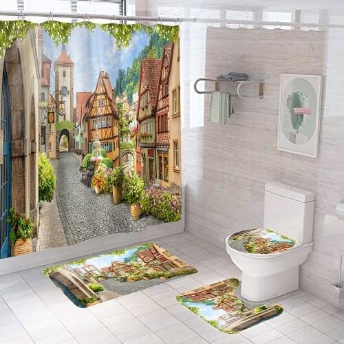180*180cm French Street Alley Pattern Shower Curtain Bathroom Curtains Non-Slip Rugs Toilet Lid Cover and Bath Mat Carpet Sets